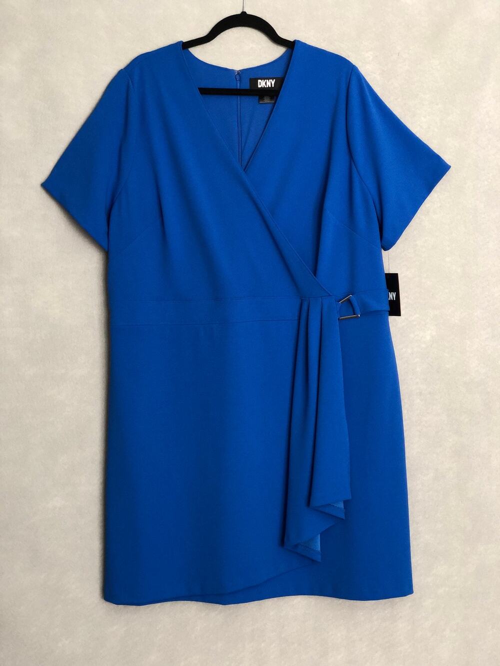 DKNY A-Line Dress V-Neck Short Sleeve Scuba-Crepe Blue Women's 12P NEW